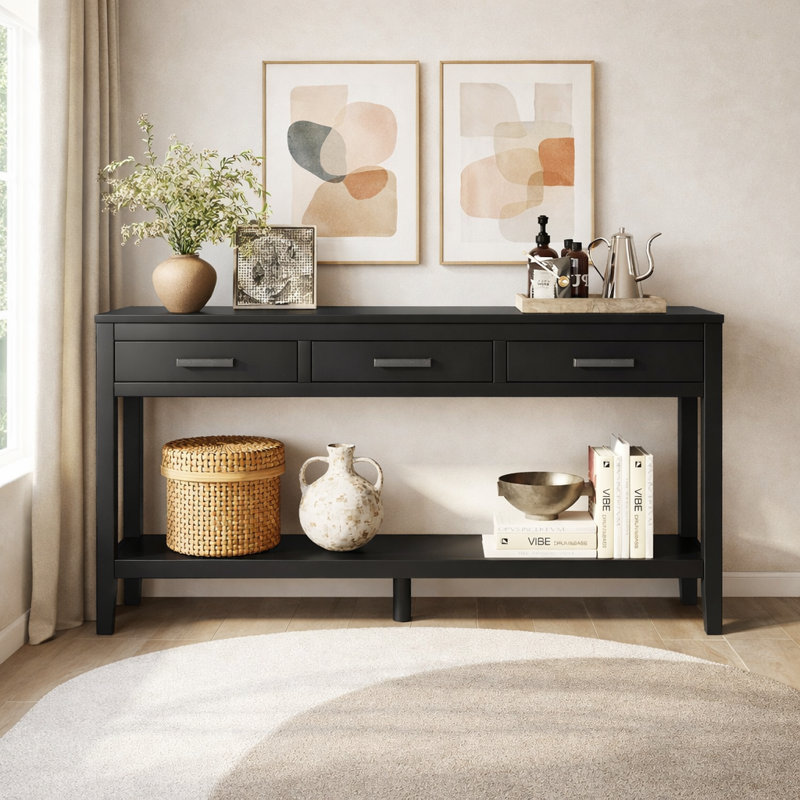 Deerfin Console Table, 59.08'' Contemporary Console Table with 3 Drawers and 1 Shelf, Black