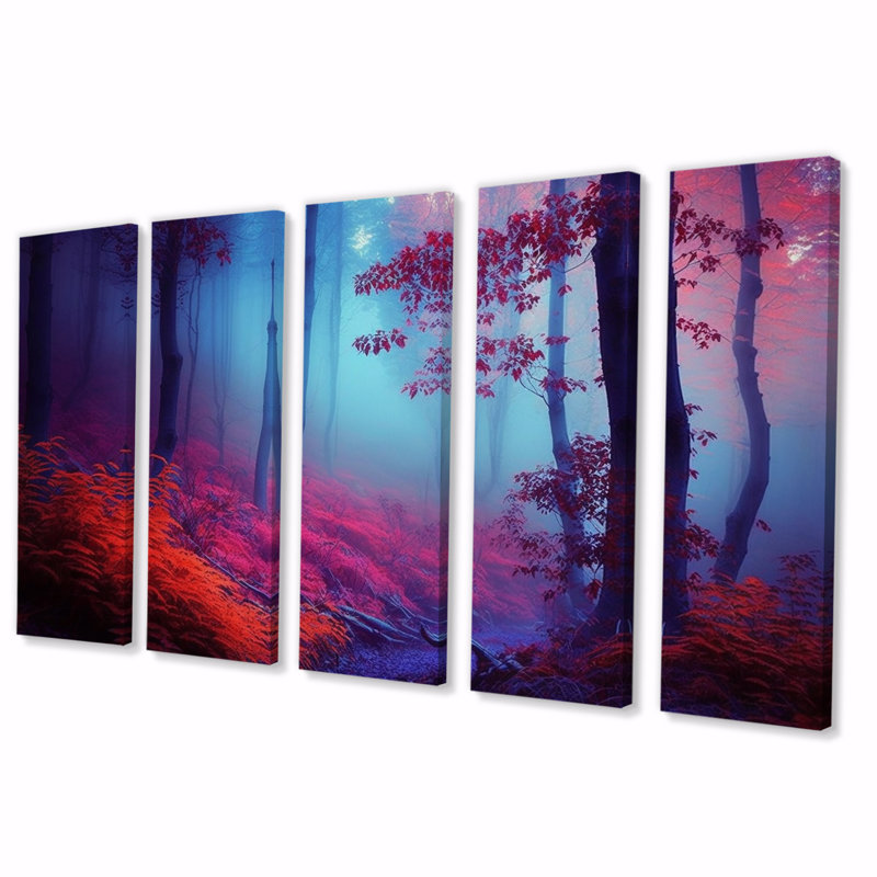 Magical Moonlight Shining Through Misty Trees IV - Forest Wall Decor - 5 Equal Panels