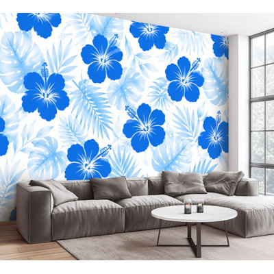 Wall Mural Peel and Stick Wallpaper Blue Tropical Hibiscus Flower Palm Monstera Leaves Self-Adhesive Removable Contact Paper Wall Decor for Living Room Bedroom 100"H x 144"W