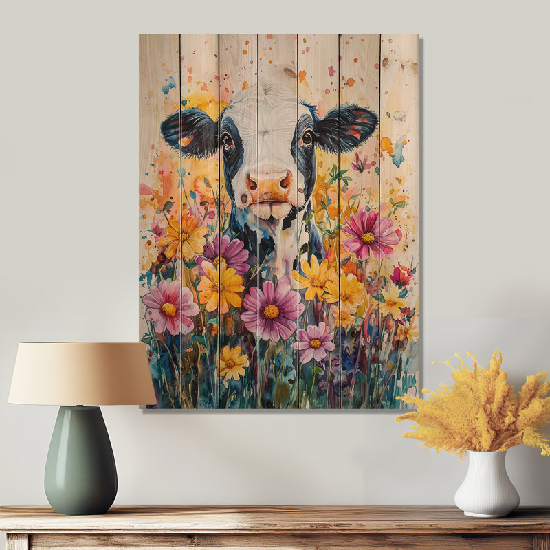 «Cow Cow Daisies With Hibiscus II», reproduction de bois de vache sur bois de pin naturel, H 44 po x l 34 po x P 0,78 po