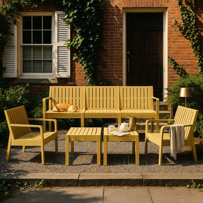 Mobilier intérieur / extérieur 5 pièces 3 places, 2 chaises, 2 tables basses, jaune, structure rouille, Pp toutes saisons, assemblage de 30 minutes, gigogne peu encombrante, patio confortable avec chaises et jaune