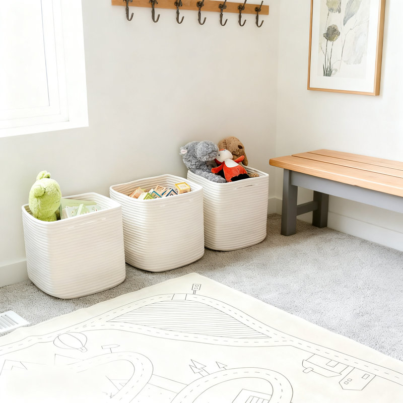 Ensemble de 3 paniers de rangement en corde de coton tissé | Bacs de rangement 13 pouces avec poignées renforcées | Cubes de rangement en tissu pour tablettes, rangement de jouets et garde-robe