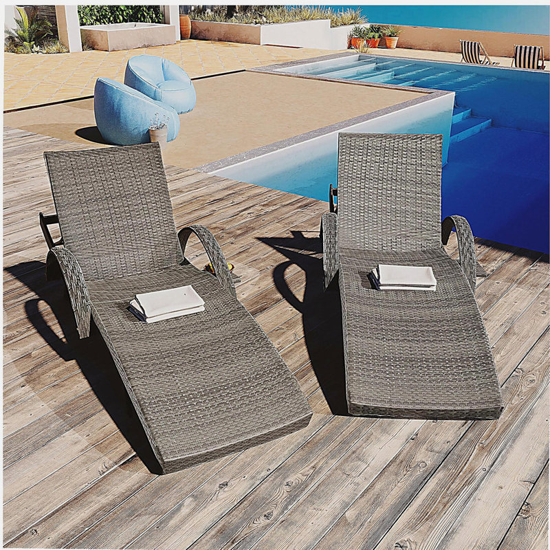 80'' Outdoor Wicker Chaise Lounge Chairs Set of 2, Patio Rattan Reclining Chair Pull-out Side Table Adjustable Backrest Ergonomic Wave Design Pool Sunbathing Recliners, Grey