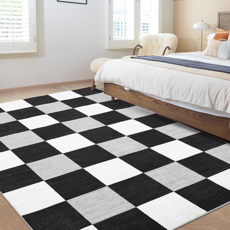 Grands tapis de salle à manger à carreaux modernes et moelleux 9 x 12 po, tapis de sol intérieur résistant aux taches et à poils courts, tapis décoratif à carreaux lavable à la machine pour le salon, la chambre à coucher, noir