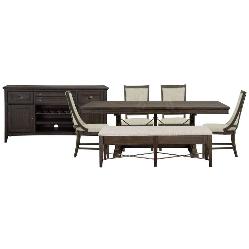 Extendable Trestle Dining Table With 2 Upholstered Side Chairs 2 Host Chairs Upholstered Bench And Buffet