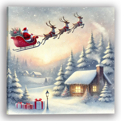 «Santa's Winter Flight: Enchanted Evening Over Snowy Cabin», art sur toile
