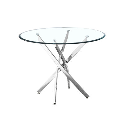 Table de salle à manger ronde contemporaine en verre trempé transparent avec pieds angulaires à finition argentée et pieds niveleurs de 30,1 pouces de hauteur, s'adapte aux pieds en acier inoxydable de 36 diamètres de la famille, peut accueillir confortablement quatre personnes, 0,39