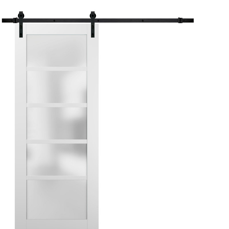 Porte de grange robuste Quadro 4002 Blanc Soie avec verre dépoli, rail de 2 m, quincaillerie renforcée, portes intérieures à panneaux pleins - 107 cm x 213 cm - Verre dépoli - Rail noir