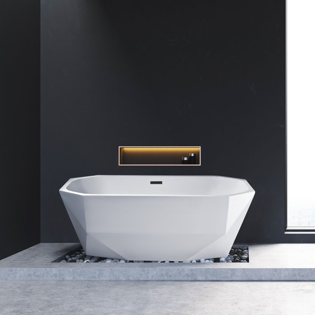 59" Streamline Freestanding Soaking Acrylic Bathtub With Drain and Bamboo Tray Streamline Bath Drain 