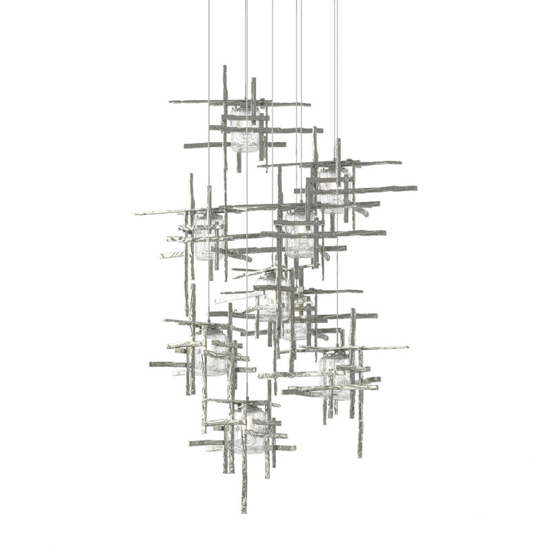 Tura 9-Light Glass Round Pendant, Sterling, 30" - 130", Seeded Clear