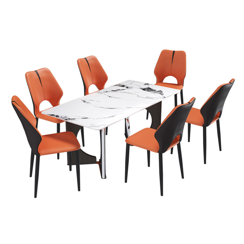 Table de salle à manger rectangulaire en marbre de 71 po pour 6 à 8 personnes, base en acier inoxydable, 6 chaises, haute performance avec base robuste et facile à nettoyer