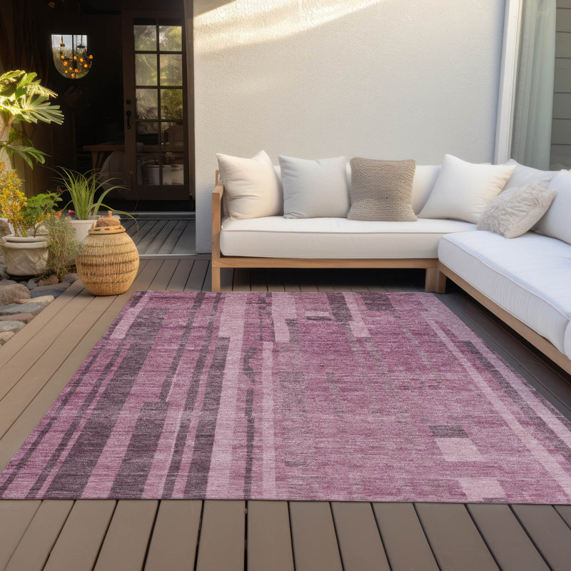 Blush and Gray Synthetic Stripe Washable Indoor/Outdoor Rug