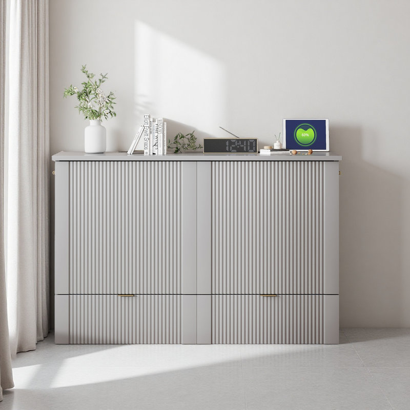 Lit escamotable avec tiroir et un ensemble de prises et ports USB, structure de poulie, Lit double, Gris