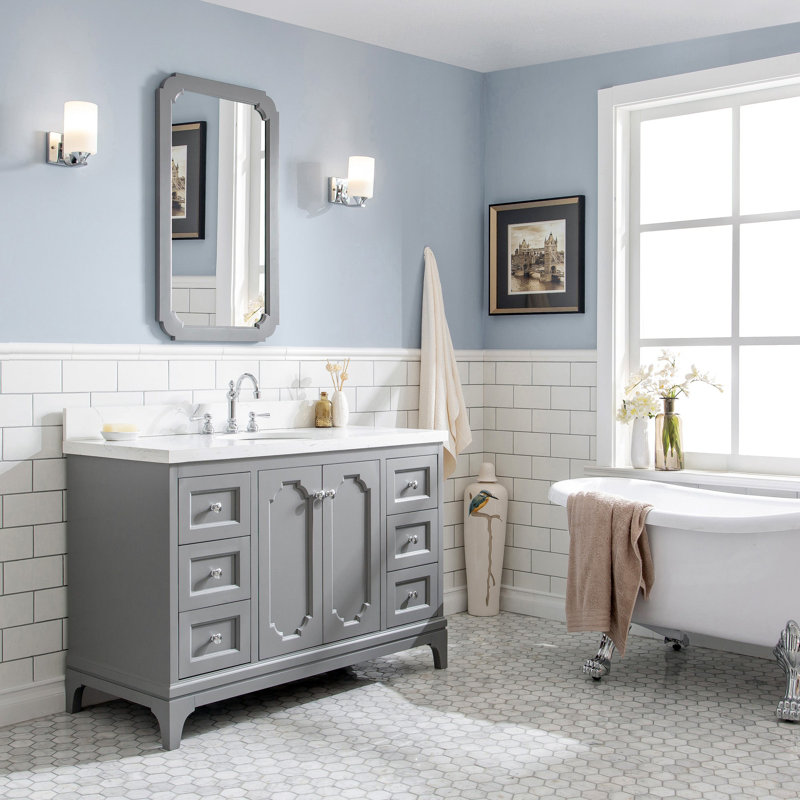 Grand meuble-lavabo de comptoir en marbre d'ingénierie avec miroir Carrara, Gris cachemire