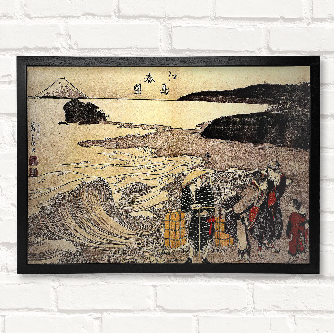 Frauen am Strand von Enoshima von Katsushika Hokusai - Geschlossener Eckrahmen Kunstdrucke auf Holz