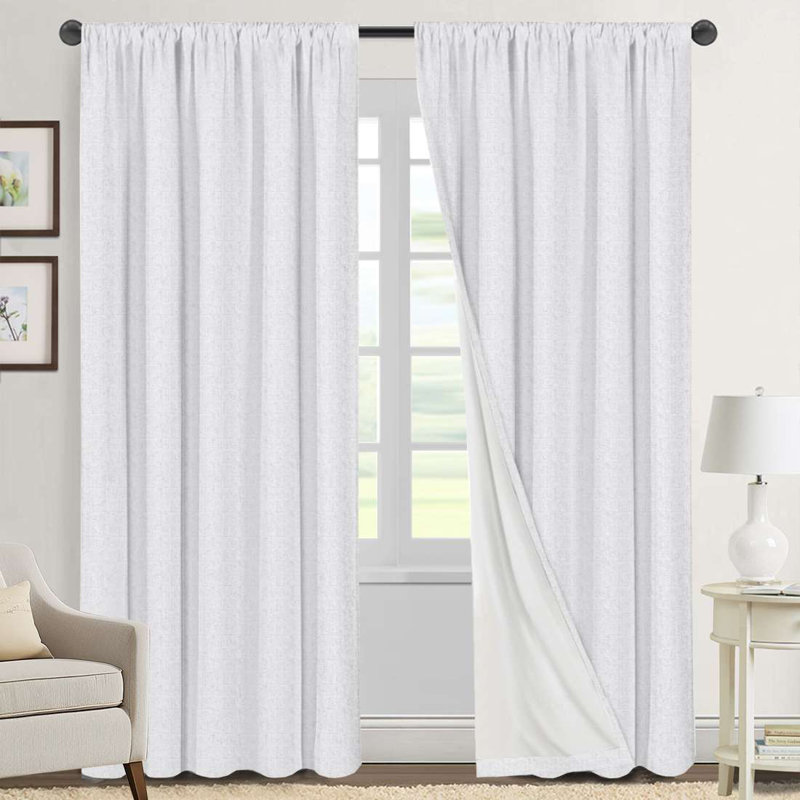 Linen Look 100% Blackout Curtains for Bedroom Full Light Blocking Rod Pocket 42 Inches Wide Linen Textured Thick Window Curtain Drapes with Backing