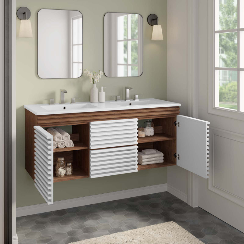 Meuble-lavabo mural 48 po Modway Render, Blanc, Blanc / Noyer