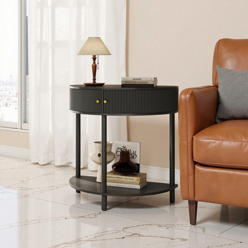 Artisan-Crafted Dark Gray Wave-Pattern Demi-Lune Console Table with Dual Drawers & Shelf, Dark Gray