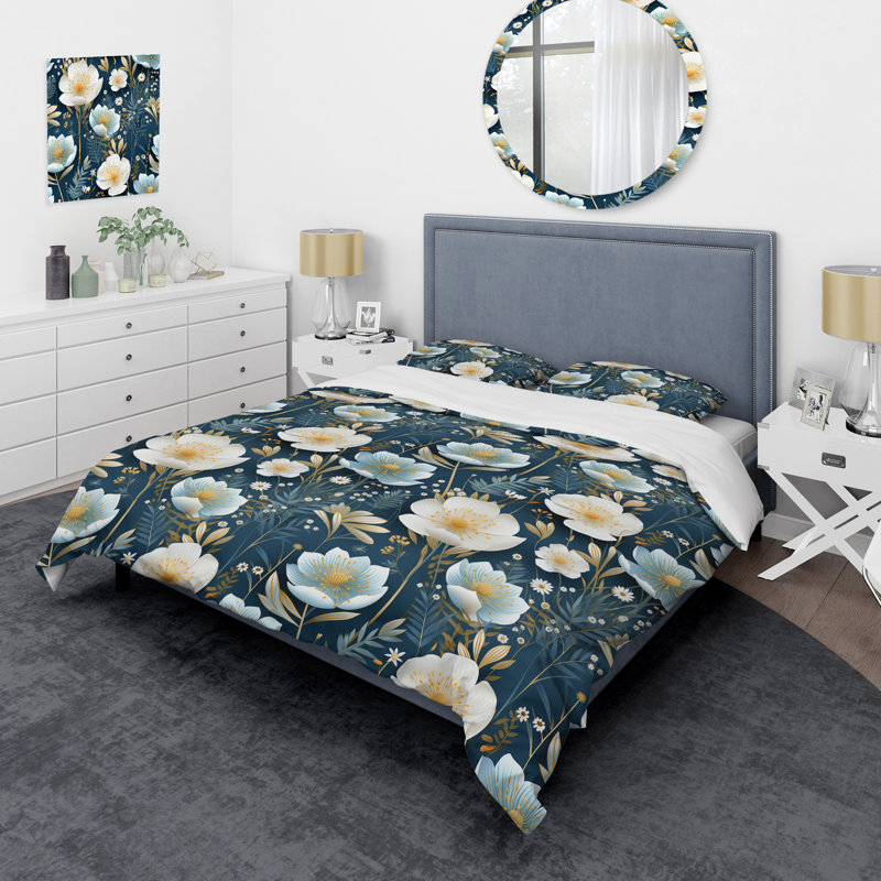 White And Blue Ranunculus Fauna Pattern - Ensemble de housse de couette à motif floral