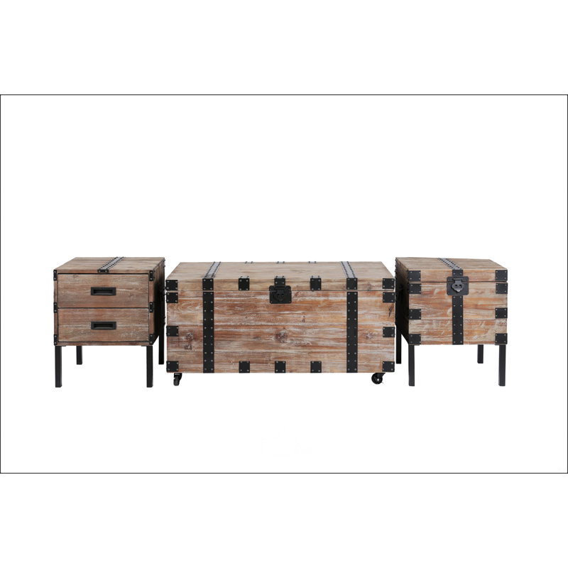 Antique Reclaimed Wood Grey Trunk Table And Side Table S/3