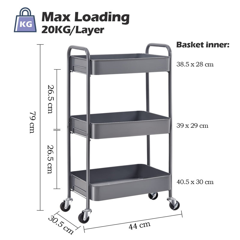 79cm H x 44cm W Utility Cart, Grey