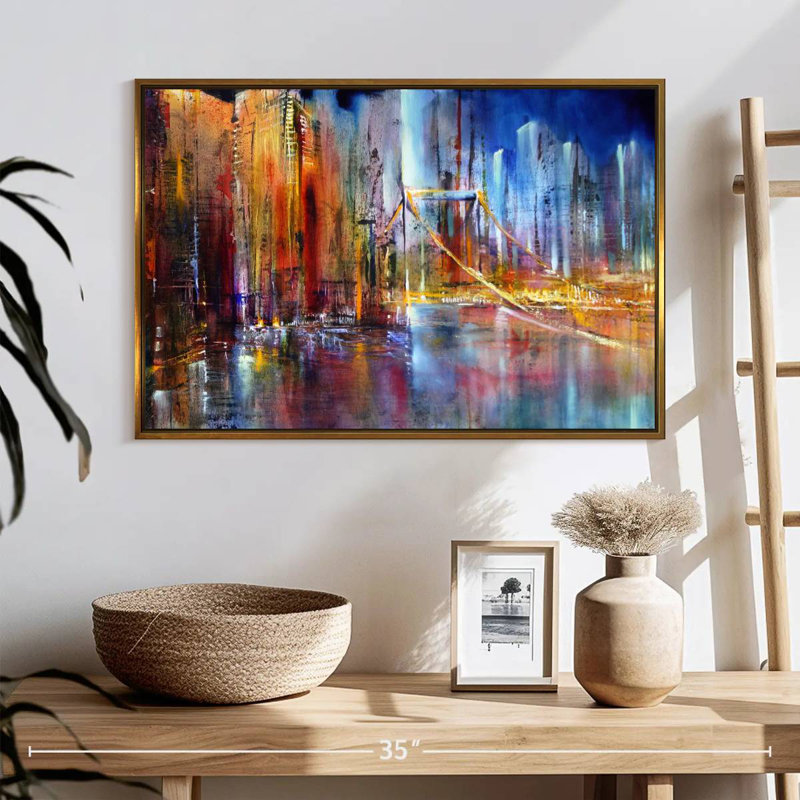 Paysage urbain vibrant, 25 po x 17 po, Cadre flottant doré