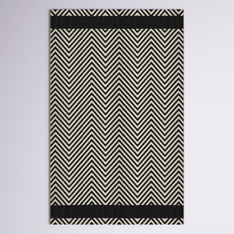 Tapis intérieur et extérieur à chevrons avec extrémités Optica, Rectangle de 5 pi x 8 pi, Noir / Beige