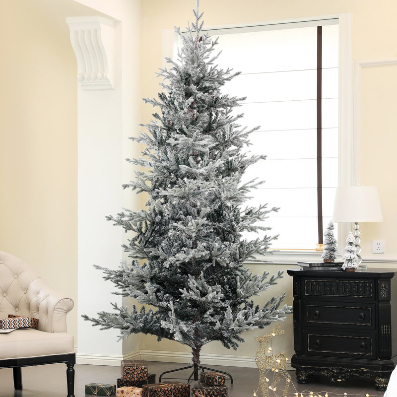 Arbre de Noël artificiel pin nordique 9 pi avec pointes enneigées, support en métal à assemblage rapide, support pliable, bureau à domicile