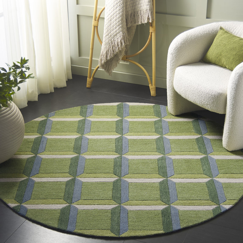 Giedre Geometric Hand Tufted Cotton/Wool Area Rug in Green/Beige, Round 6'