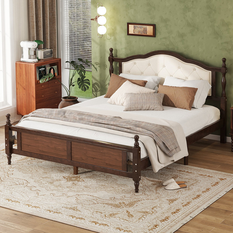 Queen Pine wooden Bed with Upholstered Headboard  and Panel Footboard, with  Two Bed Rail Support Feet and Central Platform Support Feet ,Walnut
