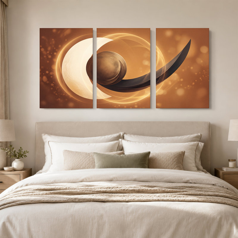 Abstract Bronze Sphere And White Crescent On Gold Background Set Of 3 Canvas Wall Art, H 18 po x l 12 po x 3 pièces