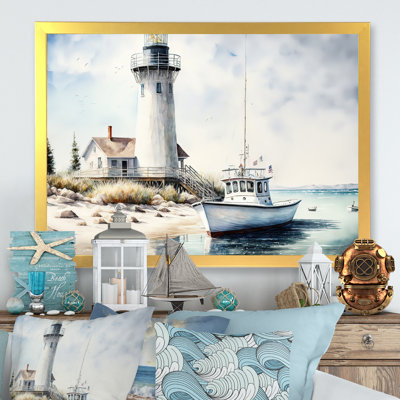 Fishing Boat And Light House I - Beach Canvas Wall Art