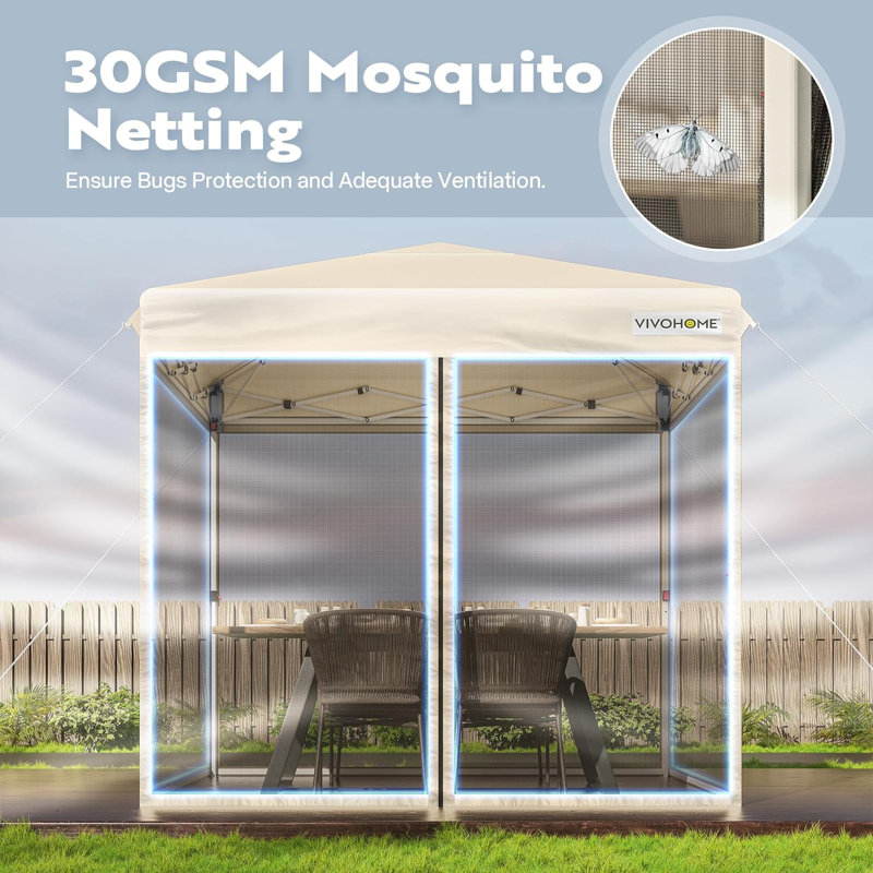 Outdoor Steel Easy Pop-Up Tent with Mosquito Netting, 10 Ft. W x 10 Ft. D, Beige