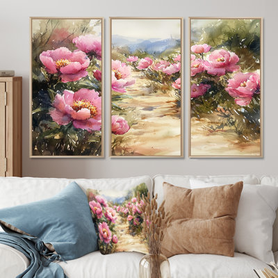 Pivoines le long du chemin de terre V - Art mural sur toile pivoines - 3 panneaux