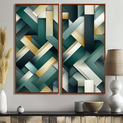 Green And Gold Geometric Chic Pattern  - Modern Art Prints On Canvas 2-Pieces