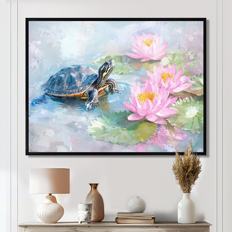 Décoration murale tortue dans le lis d'eau I - tortue, 12" H x 20" W, Impression dans un cadre flottant sans passe-parto