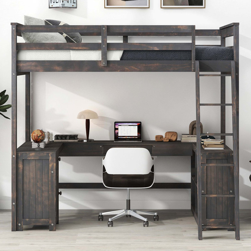 Lit mezzanine double avec bureau en U, tiroirs et tablettes de rangement, brun antique