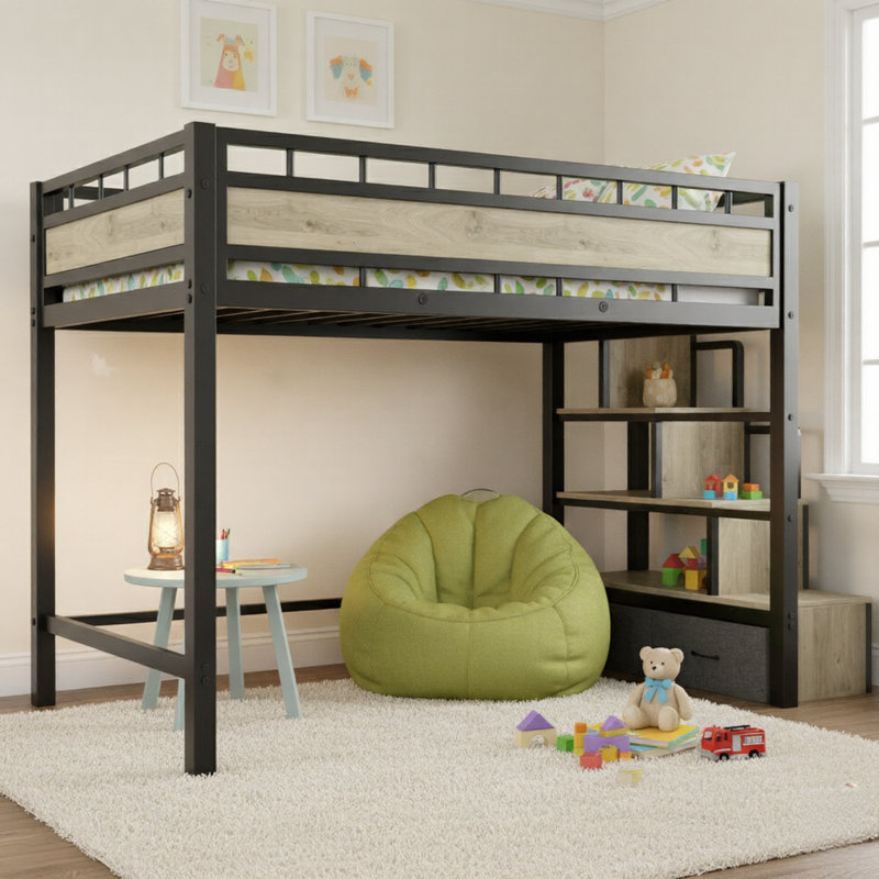 Lit mezzanine simple en bois avec rangement et escalier Mteal, Noir