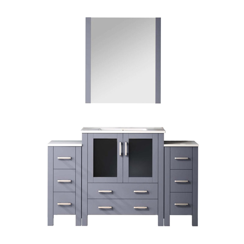 54 In. Wide Dark Grey Single Bath Vanity With Side Storage Cabinets, White Ceramic Wash Basin Top, 28 Wall - Fixed Mirror, Soft Closing Drawer Assembly, Wood Constructed Vanity, And Spacious