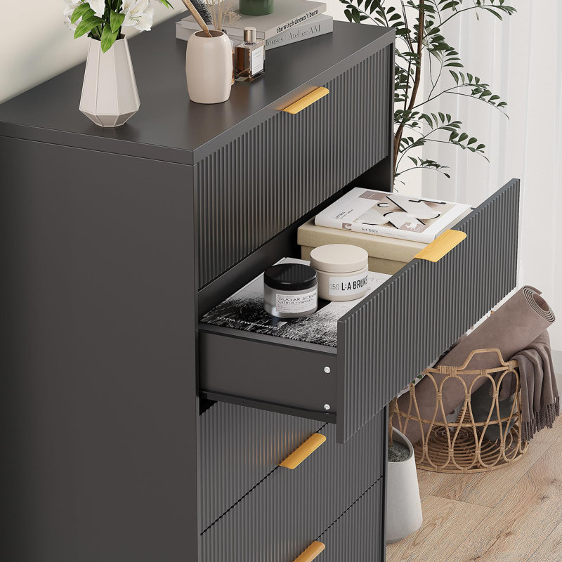 Fluted 5 Drawer Dresser for Bedroom, 47" Tall Modern Chest with Gold Handles for Living Room, Black