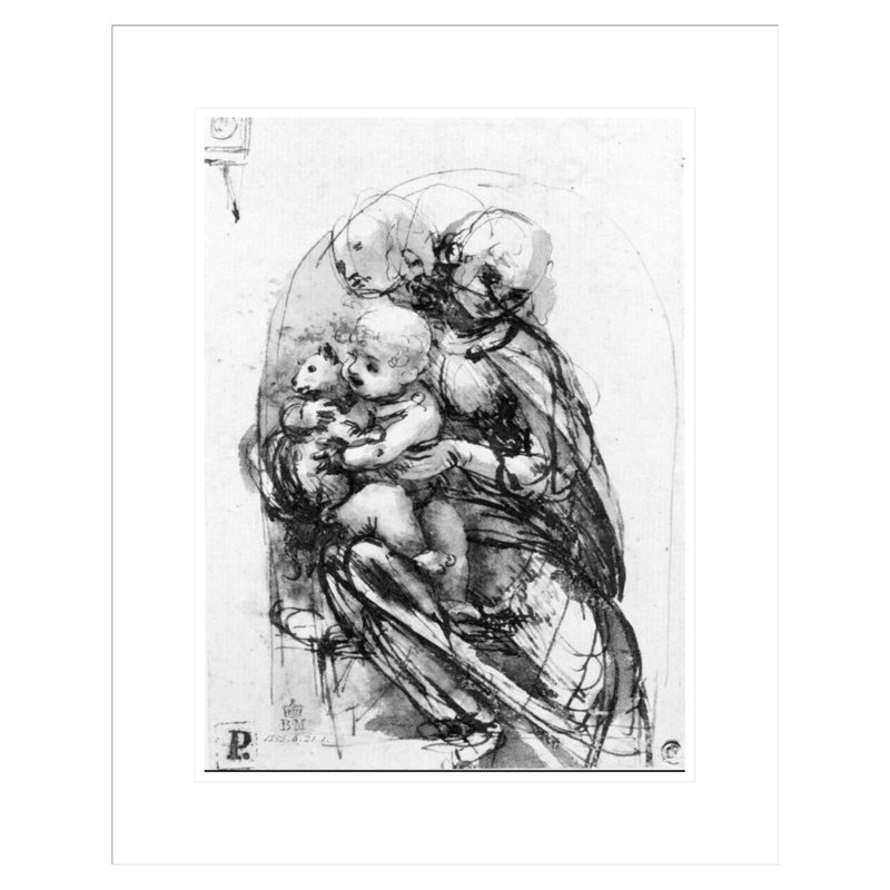 Étude pour une Madone avec un chat par Leonardo Da Vinci - Estampe numérique encadrée, H 21,75 po x l 17,5 po