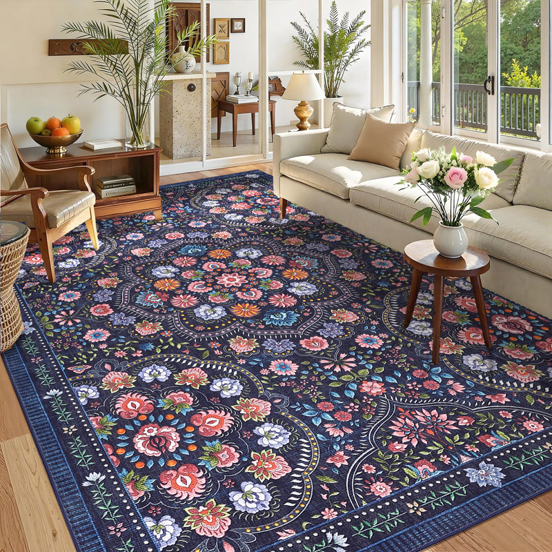  Washable Floral Area Rug, Soft Low Pile Non-Slip Carpet, Mark Resistant Collapsible Farmhouse Accent Mat for Living Room, Bedroom, Dining, 9x12ft Navy