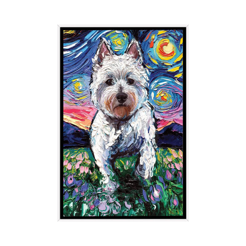 Reproduction d’art, "Westie Night II" par aja Trèves, Toile blanche encadrée, Pas de tapis, H 26 po x l 18 po x 1,5 po