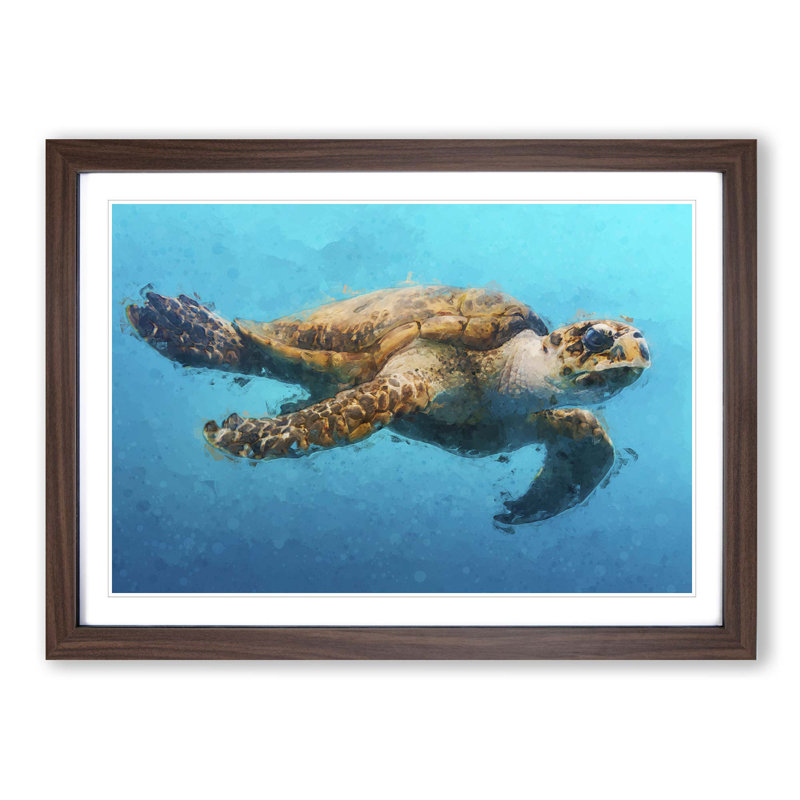 Swimming Sea Turtle in Abstract - Picture Frame Graphic Art Print on MDF, 36cm H x 48cm W x 2cm D, Walnut Framed