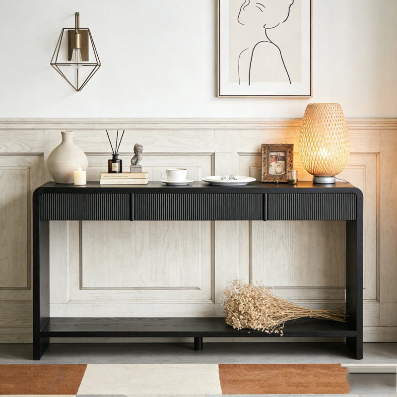 3-Drawer Console Table with Vertical Slats, Black