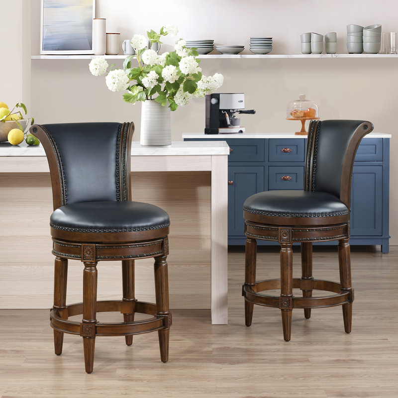 Elveria Classic Upholstered Bar Stools With Wooden Frame And Nailhead Trim, Walnut, 2, Dark Gray