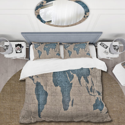Ancienne carte du monde I - Ensemble de housse de couette rustique - Microfibre de polyester