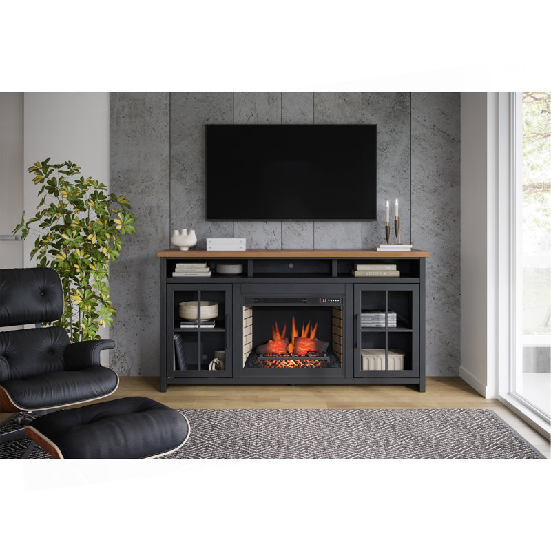 Meuble télé 74 po pour téléviseur de 85 po ou moins, assemblage minimal, finition noire et whisky, Noir