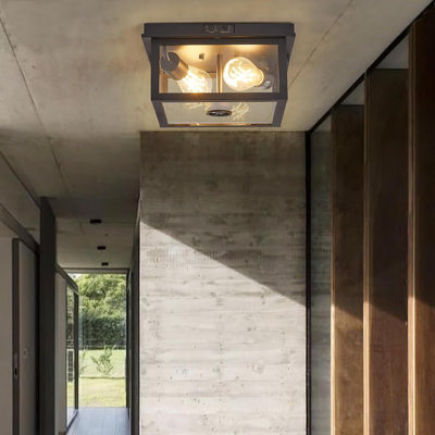 Modern Black Motion Sensor Outdoor Ceiling Light – 11" Square Flush Mount Fixture with Dusk to Dawn