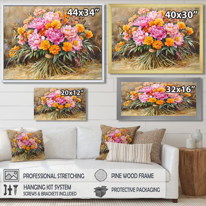 Été, bouquet de pivoines II - impressions de toiles de pivoines, 30" H x 40" W, Toile tendue